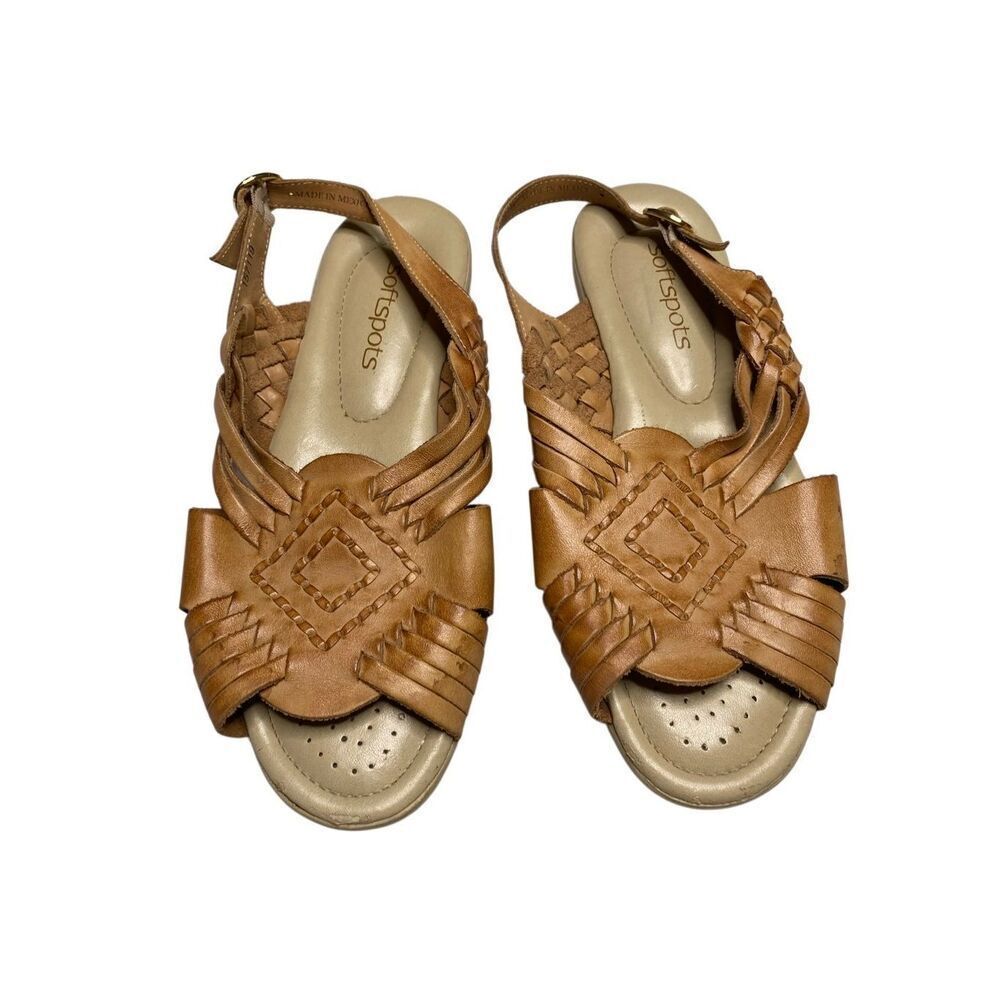 Softspots Womens 7W Brown Cognac Leather Huarache Adjustable Slingback Sandals